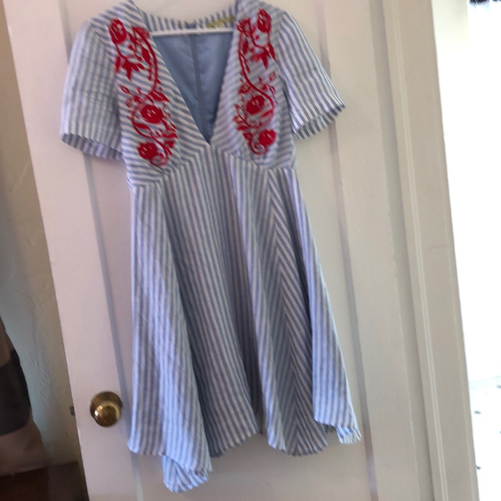 Gianni Bini Embroidered Plunging Neck Stripe Dress
